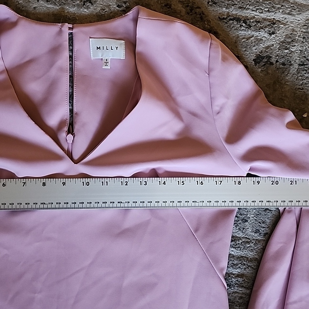 Milly Pink Mauve Bell Sleeve Shift Dress | Flounce Sleeve V-Neck Mini - Picture 13 of 13